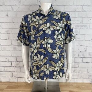 Tommy Bahama Shirt Men's Medium 100% Silk Button Up Camp Shirt Hawaiian Blue